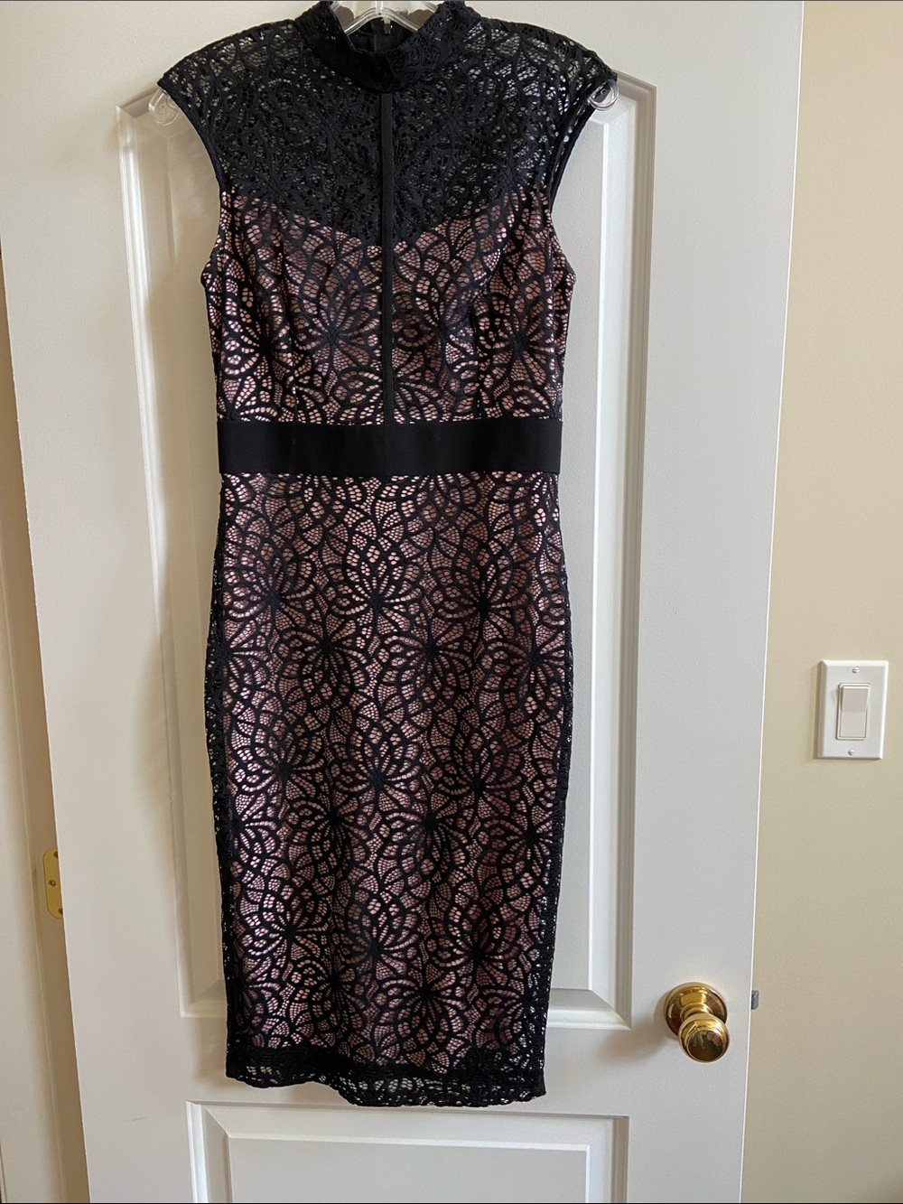 Black Lace Overlay Midi Dress with Blush Lining